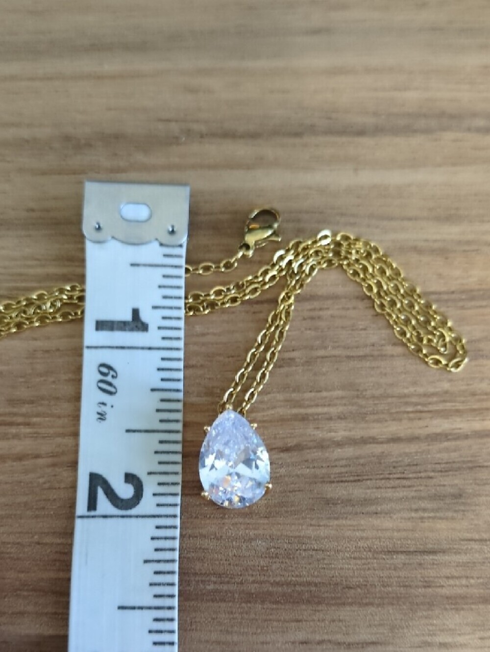 Gold Teardrop CZ Pendant Necklace - Elegant Clear Stone - Picture 4 of 4